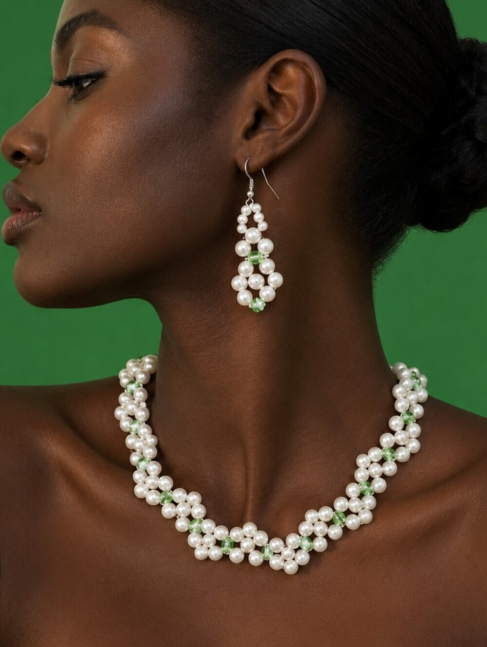 HANDMADE Acrylic Pearl Bead Woven Floral Earrings Necklace Set
